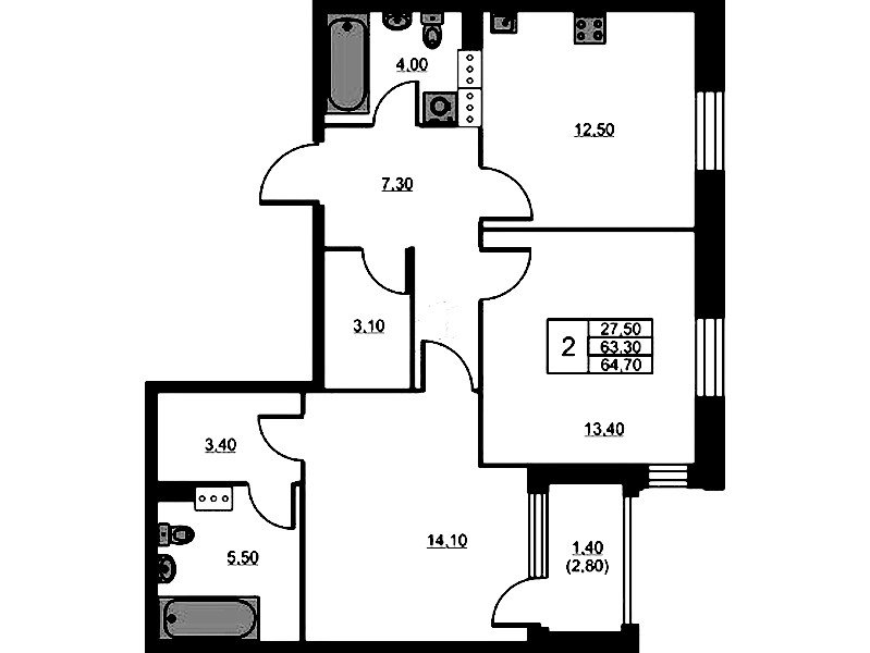 2-комнатная квартира 64.7 м², 13/13 эт., ЖК «Тайм Сквер»